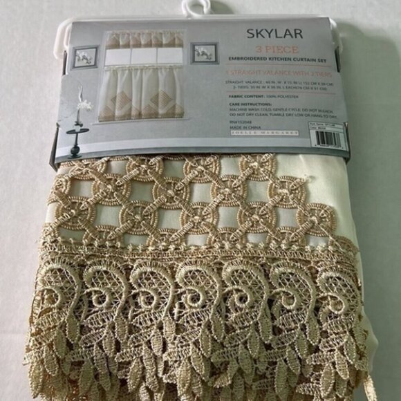 3PC Skylar Crochet Embroidery Kitchen Curtain Set - Picture 1 of 2